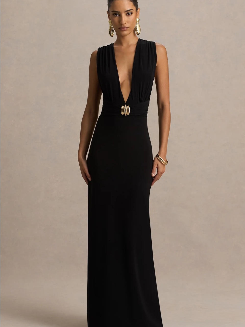 Club L London Black Plunge Maxi Dress with Gold Waist Accent